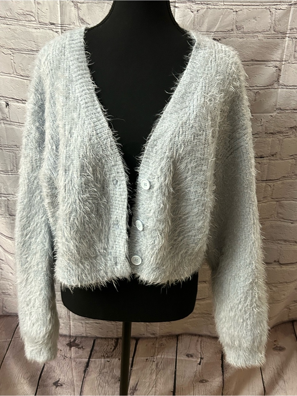Forever 21 Light Gray Fuzzy Button-Front Cardigan